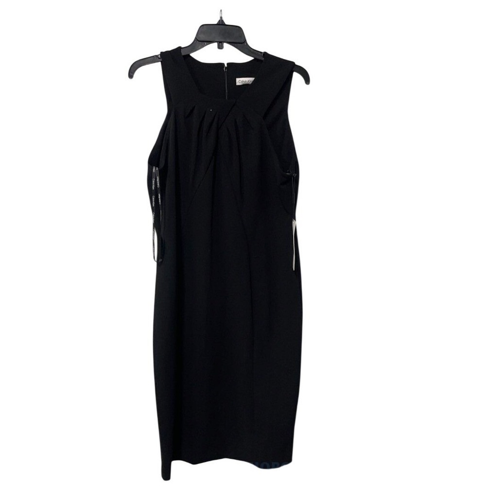 Calvin Klein Black Formal Sleeveless Pleated Neck Sheath Dress Womens SZ 14 NWT